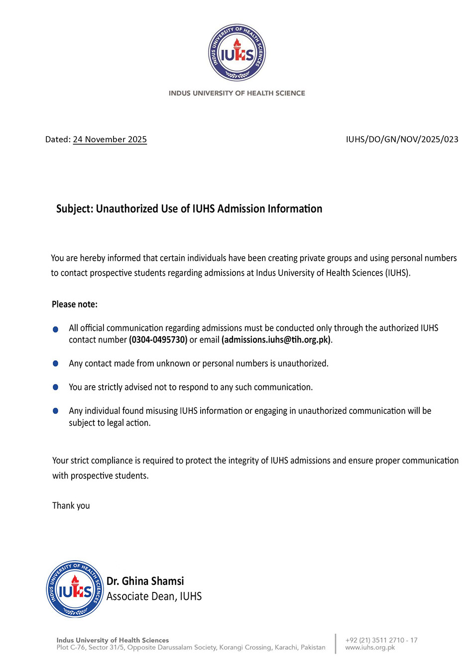 UnauthorizedUseofIUHSAdmissionInformation950 UnauthorizedPost